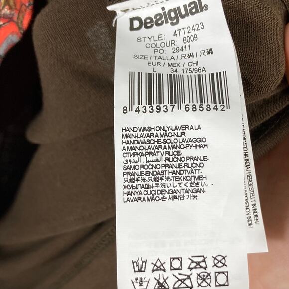 NWT DESIGUAL Top EU L~US M Brown Floral Rhinestone Art Tie-Bow-Side Long-Sleeve - Picture 8 of 11